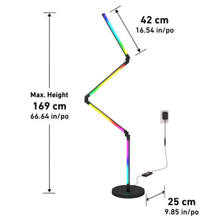 The Artika Fitch smart foldable RGB LED gaming floor lamp features a zigzag design, round base, max height of 169 cm (66.64 in), width of 25 cm (9.85 in), and segment length of 42 cm (16.54 in). The lamp is plugged into a wall outlet.