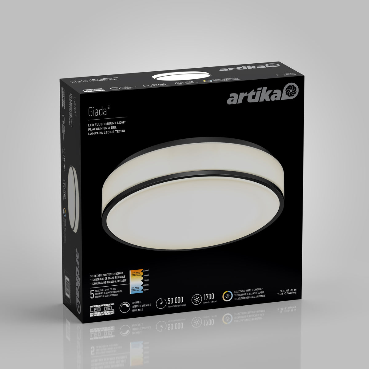 A black box displays the Artika Giada 15 in. LED modern flush mount light 5 CCT. The front shows the circular fixture with white and black details and features like a 50,000-hour lifespan, 1700 lumens, and a 5-year warranty.