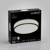 Black box packaging for an Artika Giada LED flush mount light, showing an image of the round ceiling light. Key features, specs, and icons highlighting brightness, lifespan, and energy efficiency are visible on the box.