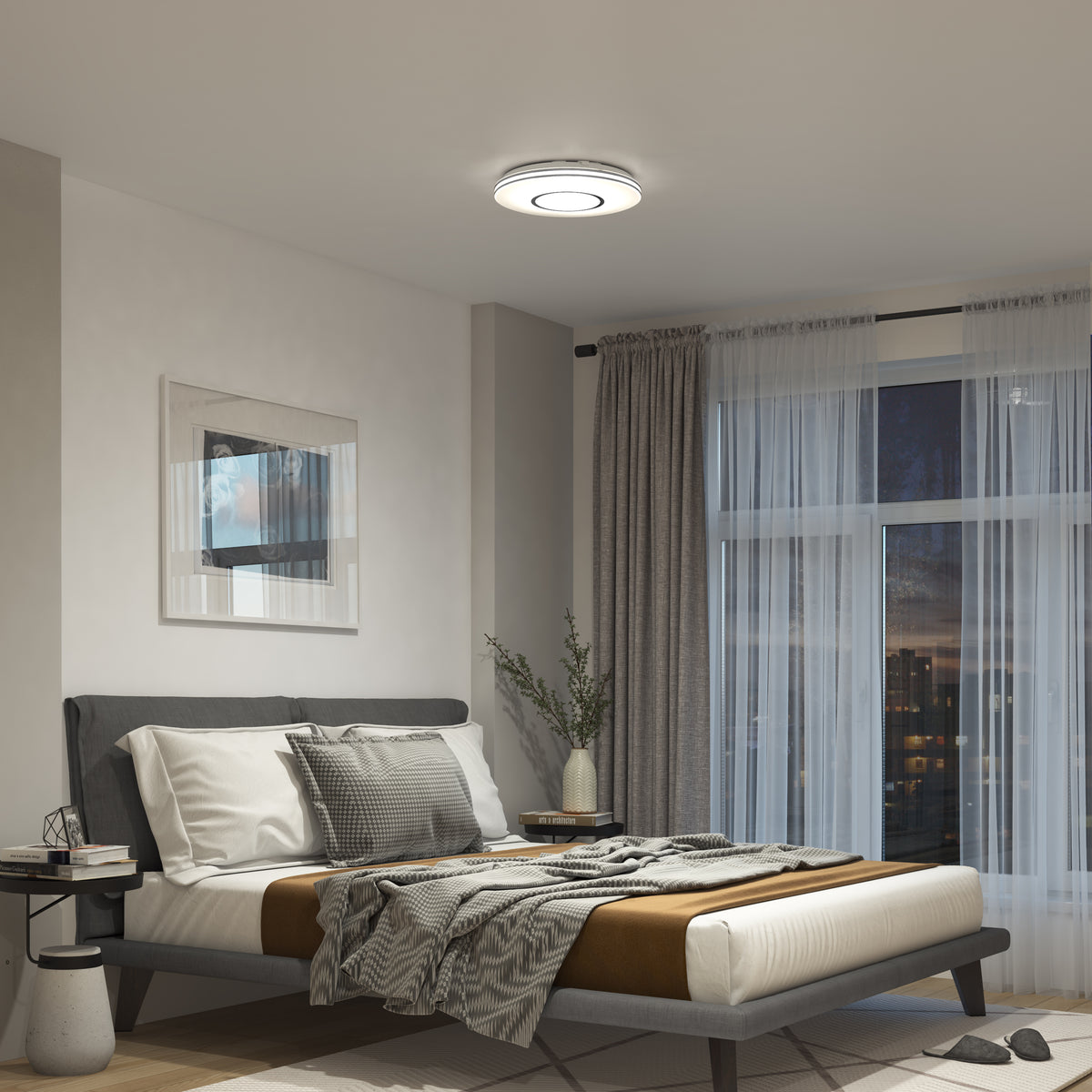 Modern bedroom with gray bed, neutral bedding, nightstand, large window, and Artika Horizon 13" LED flush mount light overhead.