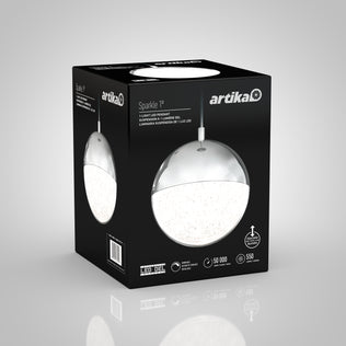 A black box displays the Artika Sparkle 1 light LED pendant, showing a photo of the spherical silver and white fixture, plus product info and icons for LED, 50,000 hours lifespan, and 550 lumens on the front.