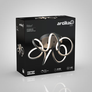 The Artika Swirl Ribbon flush mount light box features a modern ribbon-shaped LED fixture with a soft white glow, showcasing key features like 50,000-hour lifespan and 1,400 lumens on the packaging.