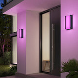 Modern house entrance at dusk with two rectangular wall lights emitting a soft purple glow on a white exterior wall, next to a glass door with a metal handle, and greenery in the foreground.