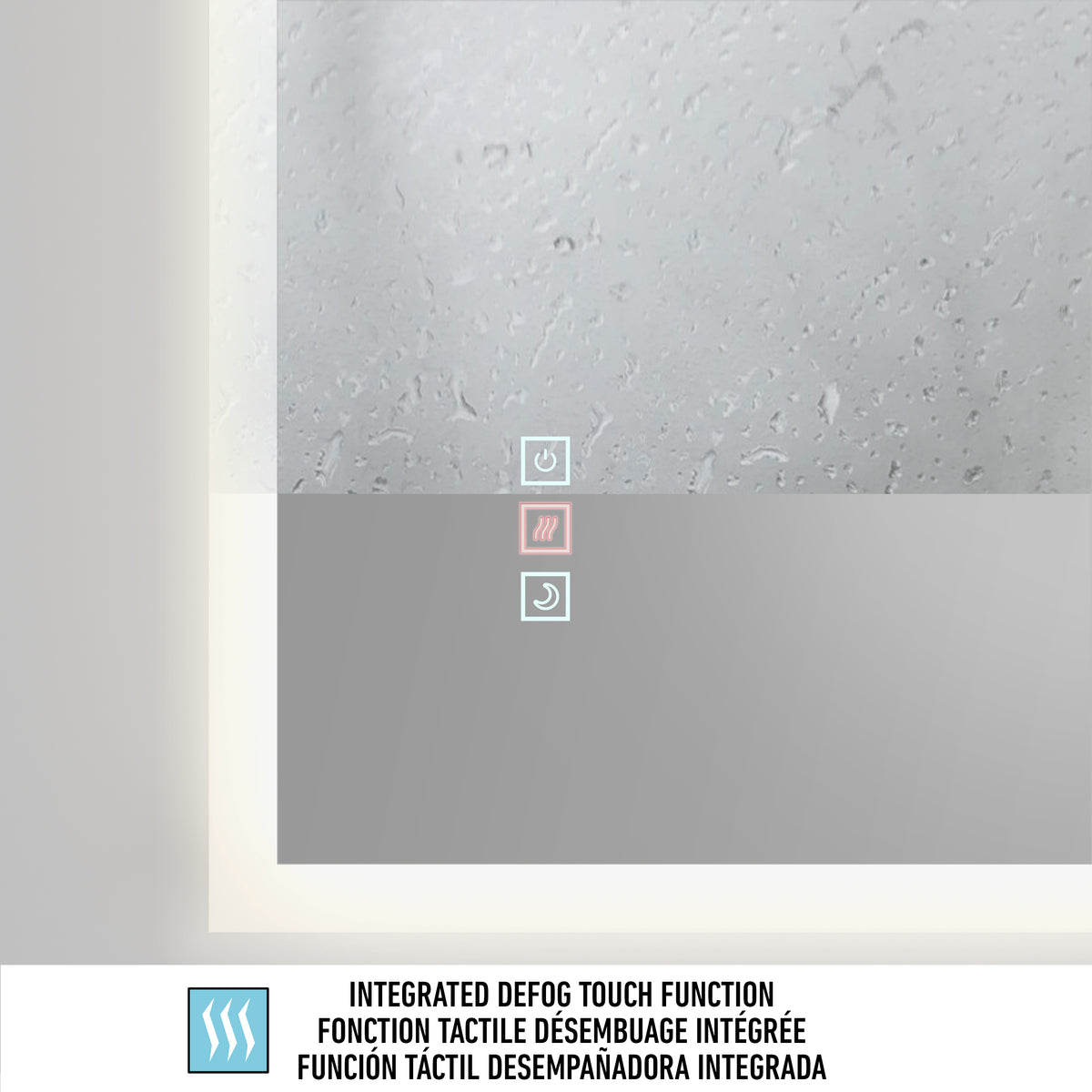 A close-up of the Artika Mavis 48" x 36" Rectangular LED Mirror shows a lit touch panel with power, defog, and light icons and water droplets on the glass. Below, text in four languages reads “INTEGRATED DEFOG TOUCH FUNCTION.”.
