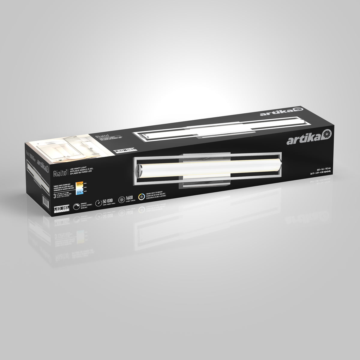 Black Artika Rialto LED vanity light box with product image, specifications, and branding on a white reflective surface.