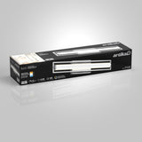 Black Artika Rialto LED vanity light box with product image, specifications, and branding on a white reflective surface.