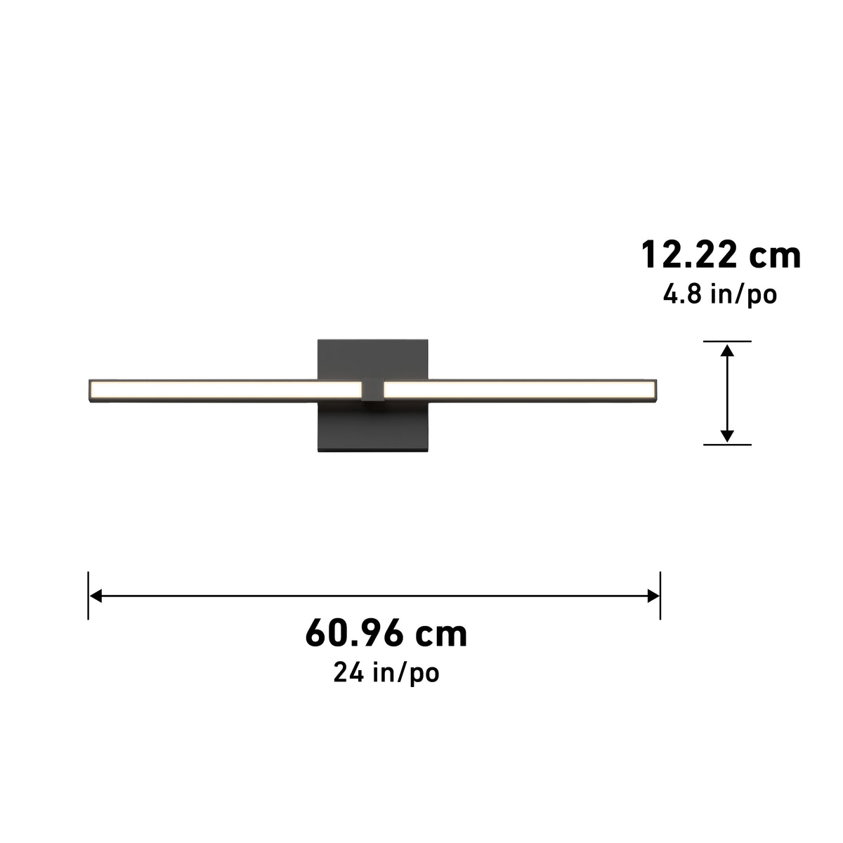 A modern wall-mounted light fixture with a horizontal bar, measuring 60.96 cm (24 in) wide and 12.22 cm (4.8 in) tall, centered on a square base.