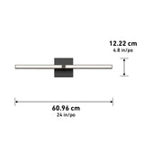A modern wall-mounted light fixture with a horizontal bar, measuring 60.96 cm (24 in) wide and 12.22 cm (4.8 in) tall, centered on a square base.