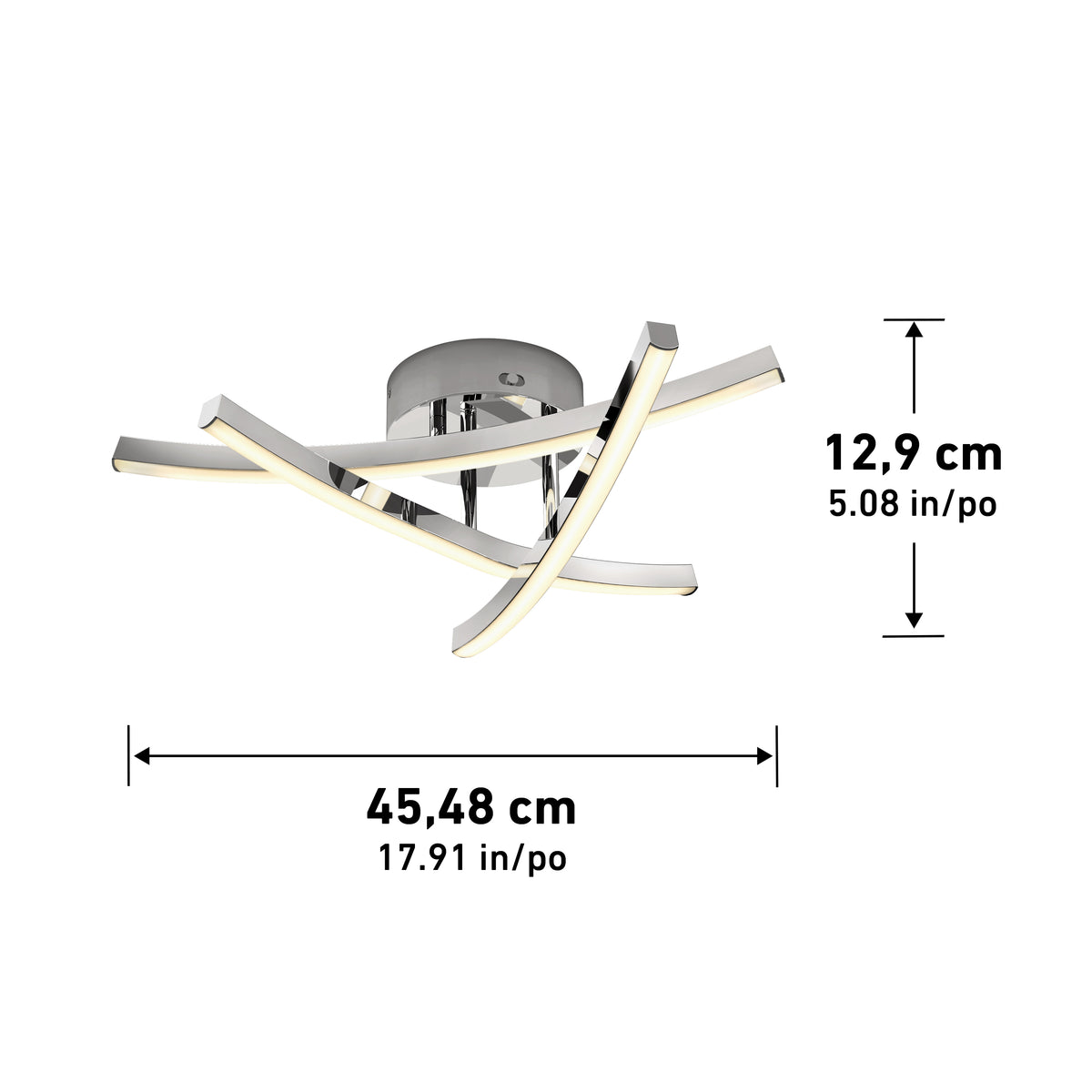 Modern ceiling light fixture with four curved LED bars crossing each other, mounted on a round base. Dimensions are 12.9 cm (5.08 in) tall and 45.48 cm (17.91 in) wide.