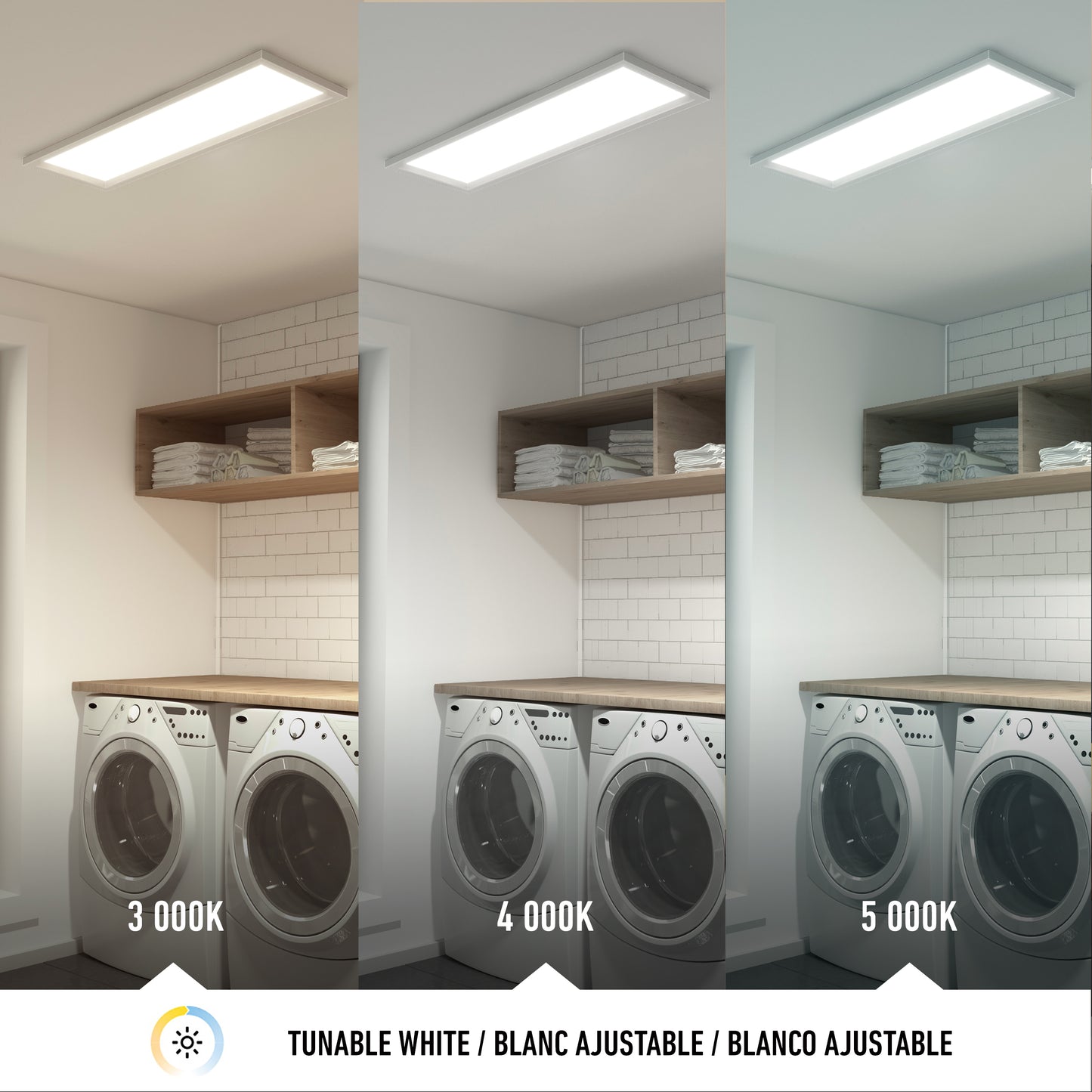 A laundry room with a washer and dryer is illuminated by the Artika Sunray ultra thin LED light panel 3 CCT, shown in three color temperatures—3000K (warm), 4000K (neutral), and 5000K (cool)—to demonstrate lighting differences.