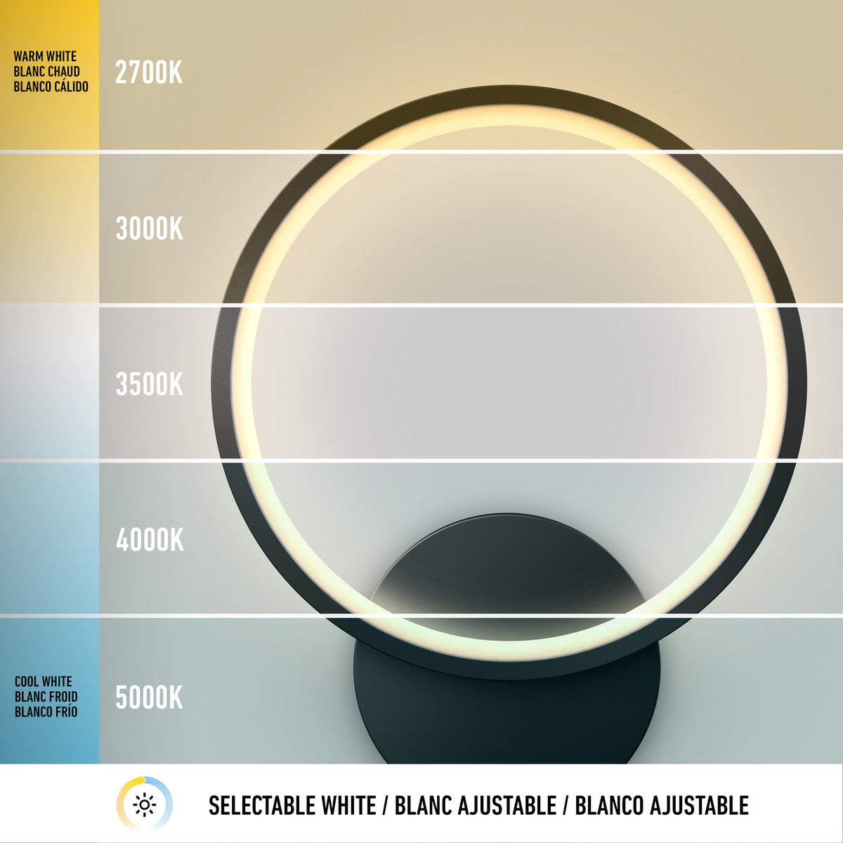 A circular lamp displays five light color temperatures from warm white (2700K) to cool white (5000K), with labels and gradients illustrating each shade. Text reads: Selectable White / Blanc Ajustable / Blanco Ajustable.