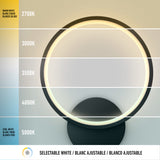 A circular lamp displays five light color temperatures from warm white (2700K) to cool white (5000K), with labels and gradients illustrating each shade. Text reads: Selectable White / Blanc Ajustable / Blanco Ajustable.