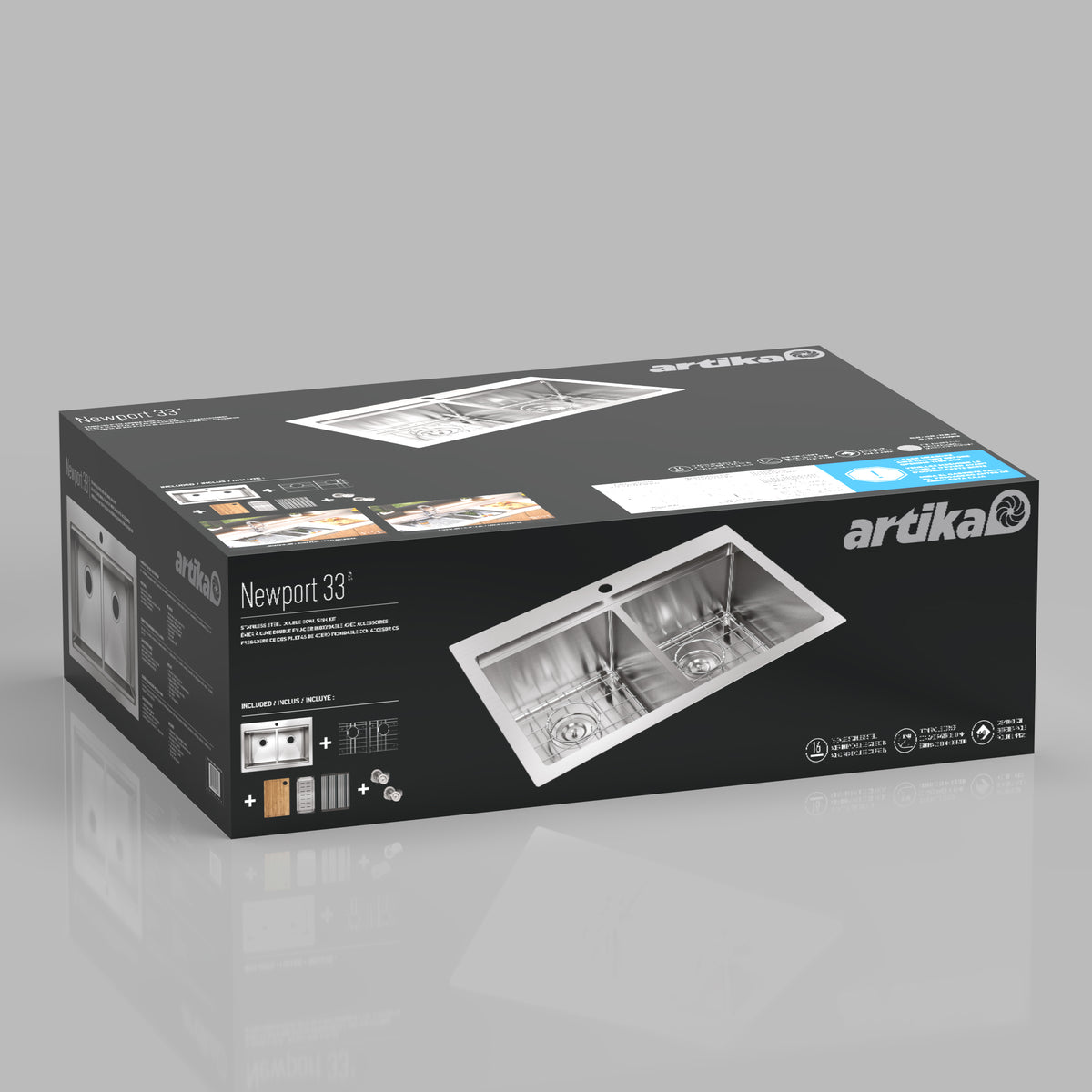 A rectangular box for the Artika Newport 33 kitchen sink, featuring images of the stainless steel double sink on the packaging, brand logo, and product details on a black and gray background.
