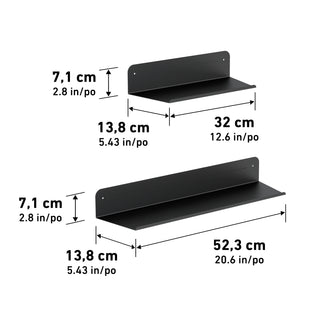 The Artika Sonokit set includes two black wall shelves for Sonolok and Sonofold panels: one 32x13.8x7.1 cm, the other 52.3x13.8x7.1 cm—perfect for quick installation and stylish organization.