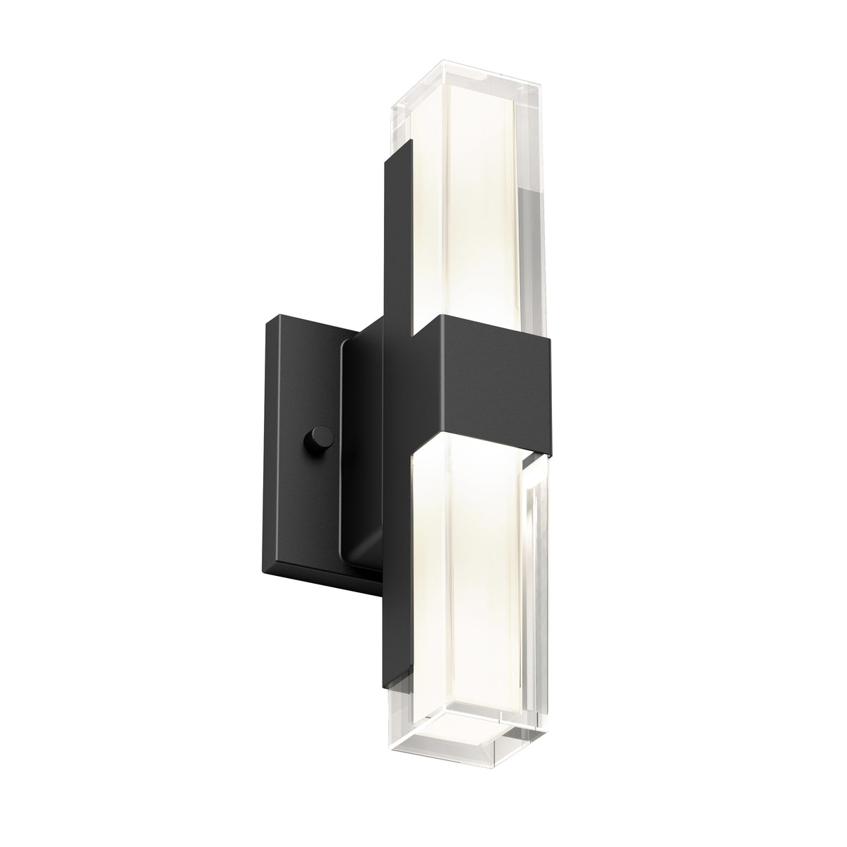 A modern wall sconce with a black rectangular base and two vertical frosted glass light bars extending above and below, emitting soft white light.