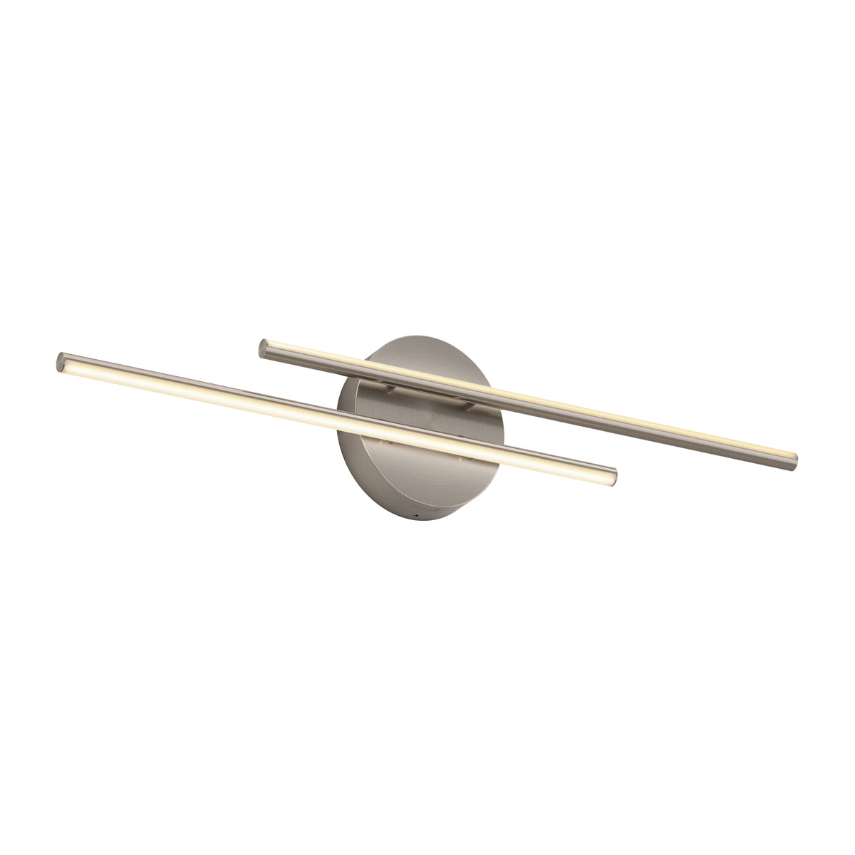 Modern wall light fixture with a round base and two parallel, elongated LED light bars extending horizontally, finished in brushed metal.