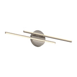 Modern wall light fixture with a round base and two parallel, elongated LED light bars extending horizontally, finished in brushed metal.