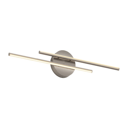 The Artika Cisco modern LED bathroom vanity light 5 CCT features two slim, horizontal bars on a round base, offering adjustable color temperatures—ideal for stylish and customizable bathroom lighting.