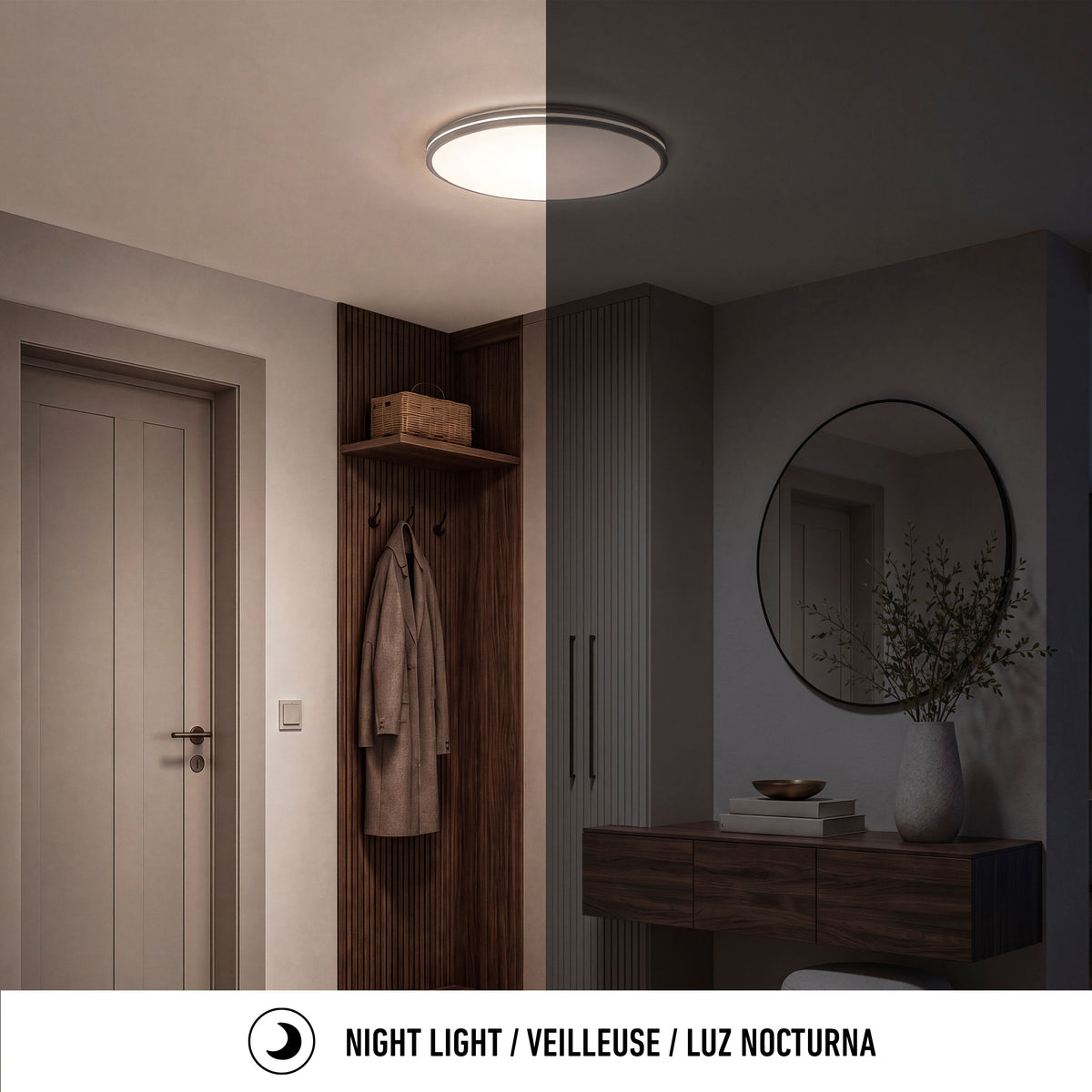 A hallway lit by the Artika GLOW 30″ LED Flush Mount Ceiling Light with remote, above a coat rack and mirror, shows bright and night modes.