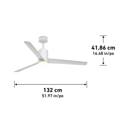 The Artika Ellison 52 in. LED modern ceiling fan features three blades, a light, and a remote. It measures 132 cm (51.97 in) wide and 41.86 cm (16.48 in) tall, with arrow labels showing both centimeters and inches for dimensions.