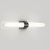 A modern wall-mounted light fixture with two cylindrical, frosted glass bulbs extending horizontally from a central black metal base, casting a soft, even glow on a plain white wall.