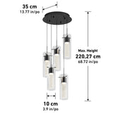 Hanging black ceiling light fixture with five cylindrical glass pendants at varying heights. Measurements: 35 cm wide, 10 cm diameter each pendant, max height 220.27 cm.