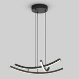 A modern black ceiling pendant light featuring three curved, intersecting LED bars suspended by four cords from a round black canopy against a plain light gray background.