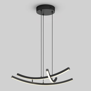 The Orly modern LED pendant light 5 CCT by Artika features three curved, illuminated black bars hanging from a round ceiling mount with four cords, displayed against a plain light gray background.