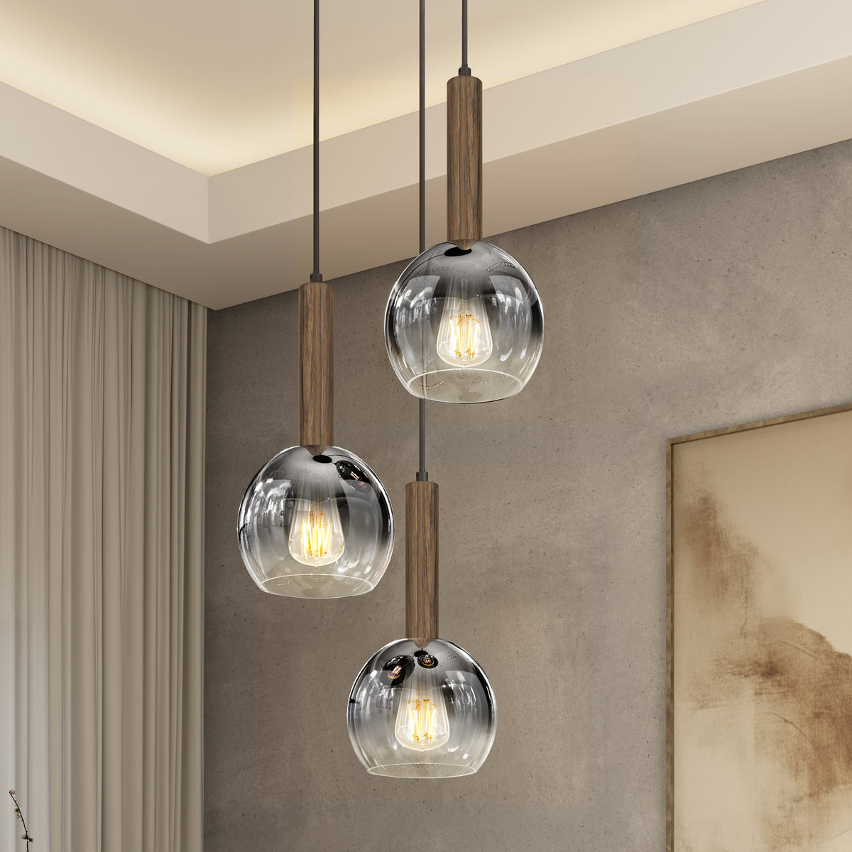The Artika Ardel Spiral 3-Light Pendant without Bulbs features wooden stems and clear glass shades, bringing modern style and warm ambiance to rooms with beige walls, a large curtain, and framed artwork.