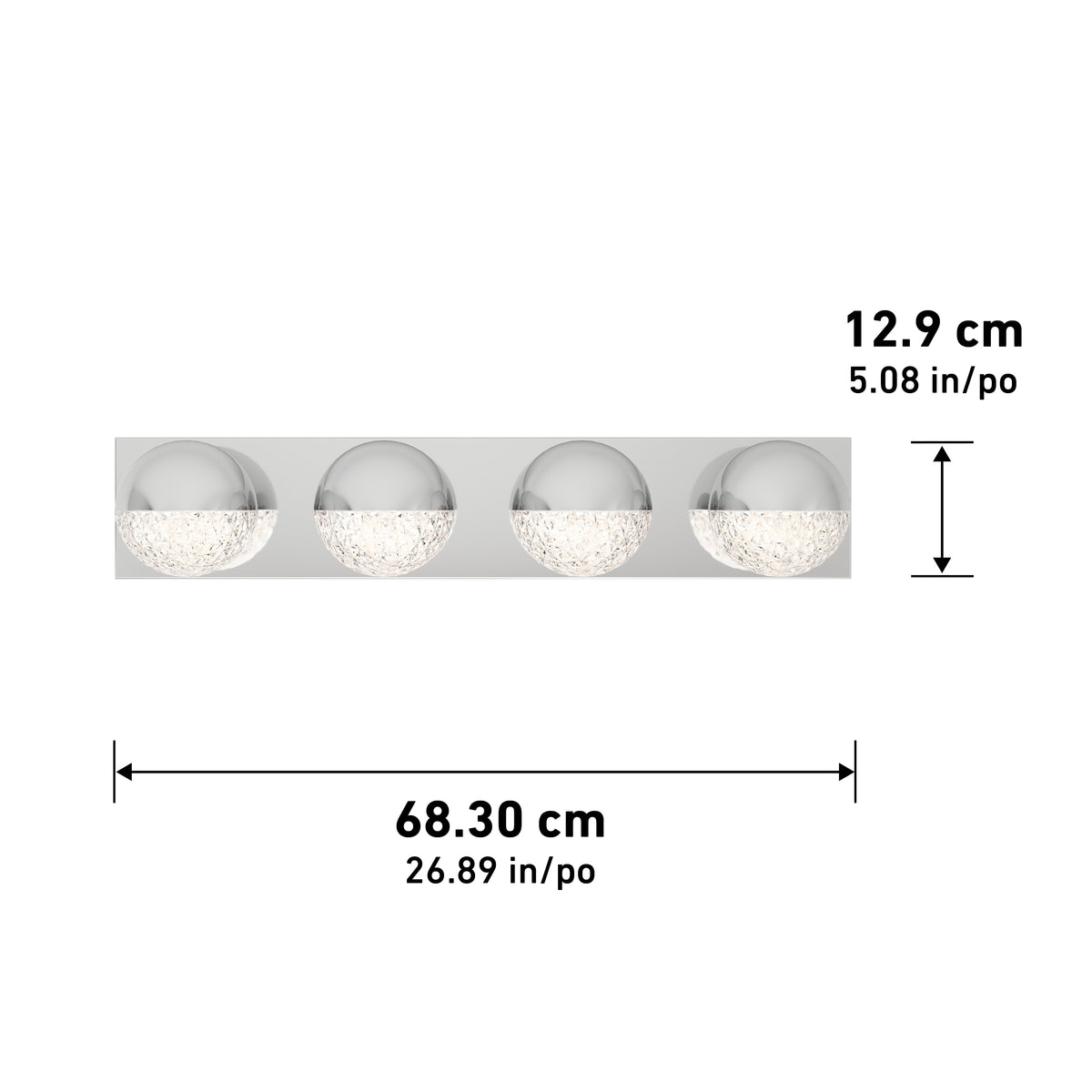 A four-light wall fixture with round glass shades on a rectangular base. The fixture measures 68.30 cm (26.89 in) wide and 12.9 cm (5.08 in) tall.