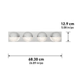 A four-light wall fixture with round glass shades on a rectangular base. The fixture measures 68.30 cm (26.89 in) wide and 12.9 cm (5.08 in) tall.