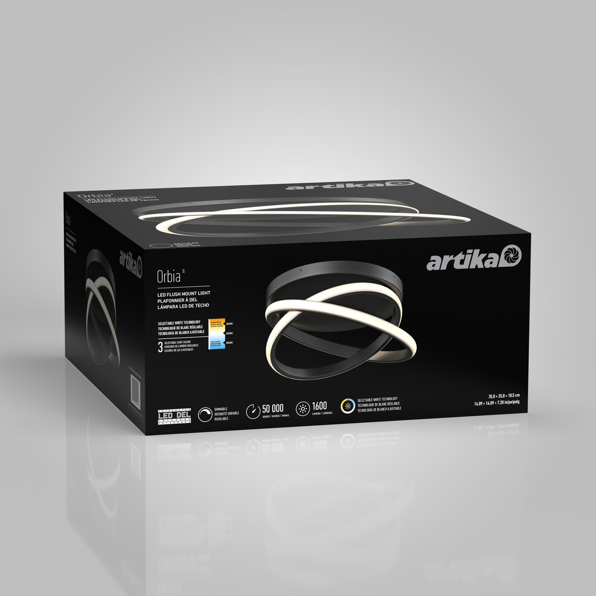 A black Artika box displays the Orbia LED flush mount light, showing a modern circular LED fixture with white lighting. Key features and specs, including 50,000 hours and 1400 lumens, are visible on the packaging.