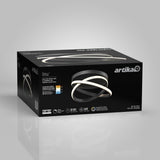 A black Artika box displays the Orbia LED flush mount light, showing a modern circular LED fixture with white lighting. Key features and specs, including 50,000 hours and 1400 lumens, are visible on the packaging.