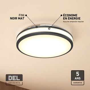 15-inch Matte Black Hemisphere LED Flush Mount, 5 CCT, energy efficient, integrated LEDs, 5-year warranty.