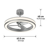 Modern ceiling fan with a circular LED light, silver blades, and a central rod. Dimensions are shown: 40 cm (15.75 in) high and 63.5 cm (25 in) wide.