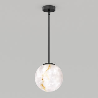 The Artika Selena LED contemporary pendant light features a round, marble-like white and gold glass shade suspended from a slim black rod for a modern ceiling look.