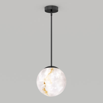 The Artika Selena LED contemporary pendant light features a round, marble-like white and gold glass shade suspended from a slim black rod for a modern ceiling look.