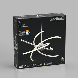 A black box packaging of the Artika Silvio LED pendant light 3 CCT, showcasing its modern curved design, product details, and energy efficiency info, set against a plain gray background.