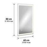 Rectangular wall mirror with illuminated border, measuring 80 cm (31.50 inches) in height and 60 cm (23.02 inches) in width. Mirror shows touch controls on the bottom left corner.