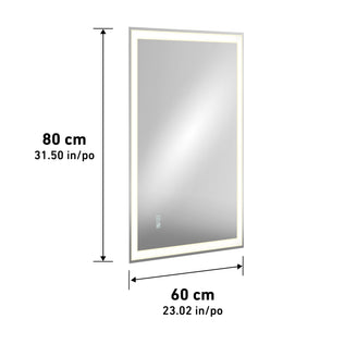 The Artika Sofia LED mirror 3 CCT with defogger is a rectangular wall mirror with an illuminated border, touch controls in the lower corner, and measures 80 cm (31.50 in) tall by 60 cm (23.02 in) wide.