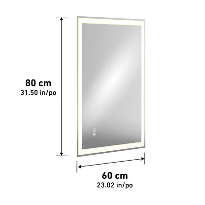 The Artika Sofia LED mirror 3 CCT with defogger is a rectangular wall mirror with an illuminated border, touch controls in the lower corner, and measures 80 cm (31.50 in) tall by 60 cm (23.02 in) wide.