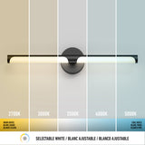 A wall-mounted linear light fixture is shown with five segments, each displaying a different white color temperature: 2700K, 3000K, 3500K, 4000K, and 5000K, labeled below with selectable white options.