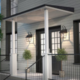 A modern porch with a black metal roof, white columns, and two potted green shrubs by the entrance. Two wall-mounted lanterns illuminate the double glass doors and light gray horizontal siding.