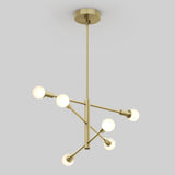 A modern gold chandelier with six white globe bulbs, arranged asymmetrically on metal rods and suspended from a ceiling mount against a light gray background.