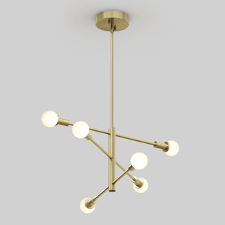 The Artika Aristo LED 5 CCT pendant light features modern gold styling with six frosted globe bulbs on angled rods, suspended from a round ceiling mount against a plain light gray background.