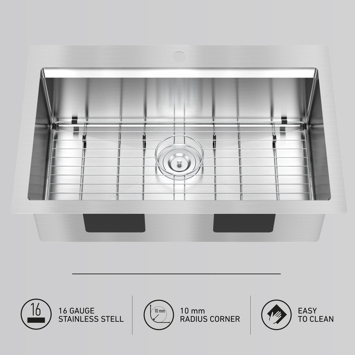 Top view of a modern stainless steel kitchen sink with a grid at the bottom, central drain, and rounded corners. Icons below highlight features: 16 gauge stainless steel, 10 mm radius corners, and easy to clean.