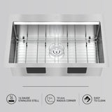 Top view of a modern stainless steel kitchen sink with a grid at the bottom, central drain, and rounded corners. Icons below highlight features: 16 gauge stainless steel, 10 mm radius corners, and easy to clean.