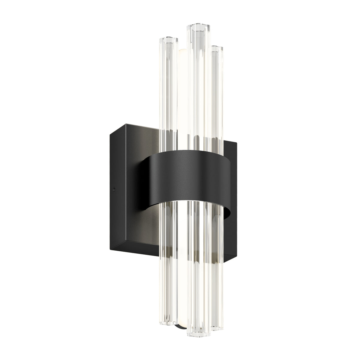 The Artika Dorado contemporary LED wall sconce features a matte black base, curved band, vertical clear glass rods, and adjustable 3 CCT for versatile lighting in an elegant modern design.