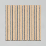 A square panel with alternating vertical light wood slats and dark gray felt strips, creating a striped pattern against a light background.