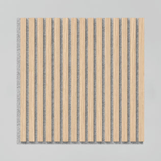 The Artika Sonolok 15.5 ft sound-absorbing wall panel kit features square panels with evenly spaced vertical wood slats on a light gray background, creating a striped pattern with contrasting light wood and dark gray.